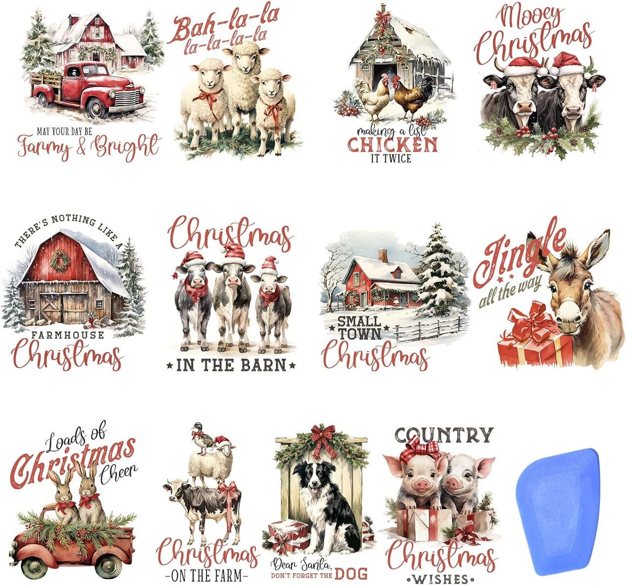 24 Sheets Vintage Christmas Rub On Transfers for Crafts (Cottage farm Christmas) 3 x 3 inches